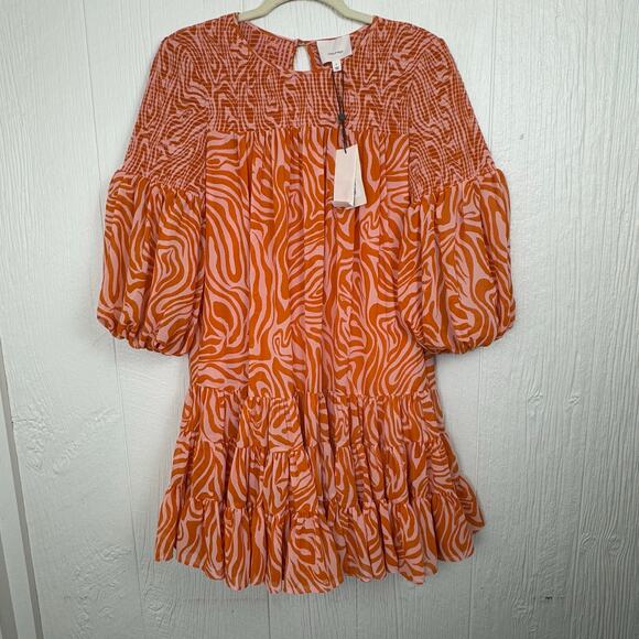 Cinq a Sept Billowed Sleeve Rika Dress Size 6 Orange Pink Smocked Boatneck NWT - Picture 3 of 14
